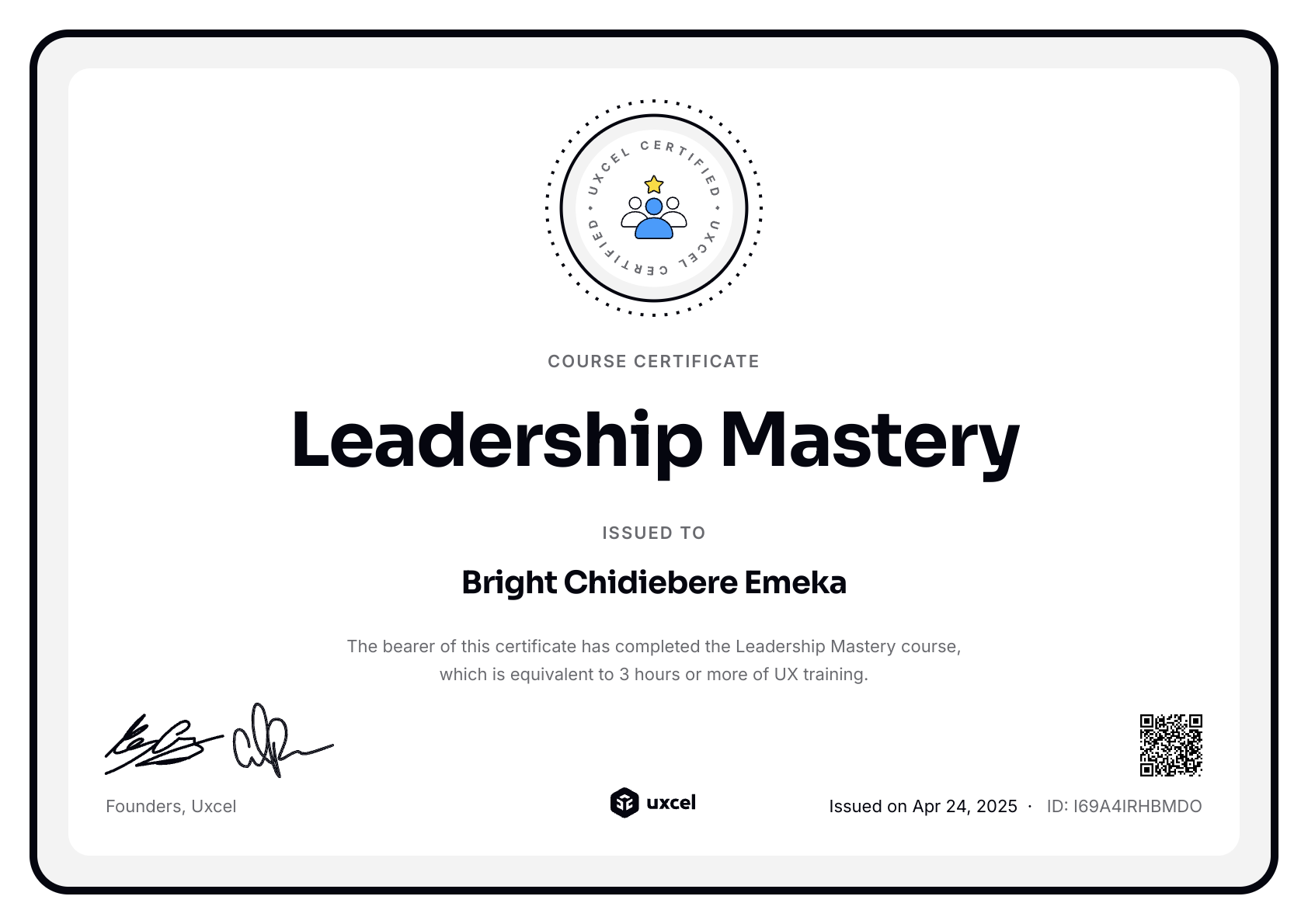 Bright Chidiebere Emeka's certificate